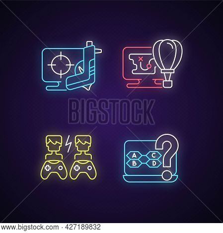 Cooperative Games Neon Light Icons Set. Playing Against Other Players. Intelectual Trivia Questions.