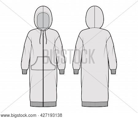 Dress Zip-up Hoody Technical Fashion Illustration With Long Sleeves, Kangaroo Pouch, Rib Cuff Oversi