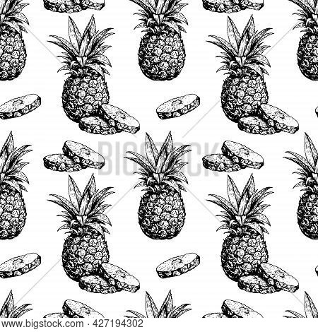 Hand Drawn Pineapple Vekor Seamless Pattern, Sketch Of A Pineapple Whole And Pieces, Black And White