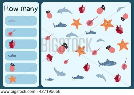 Kids Mathematical Mini Game - Count How Many Sea Animals - Dolphin, Stringray, Coral, Shark, Anemone