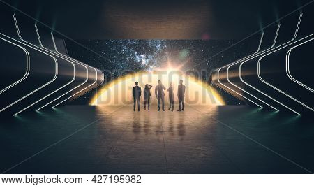 Group Of Businesspeople In Abstract Cosmos Exhibition In Dark Futuristic Interior. Gallery Concept