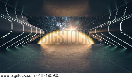 Abstract Cosmos Exhibition In Dark Futuristic Interior. Gallery Concept. 3d Rendering