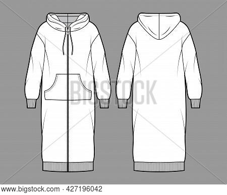 Dress Zip-up Hoody Technical Fashion Illustration With Long Sleeves, Kangaroo Pouch, Rib Cuff Oversi
