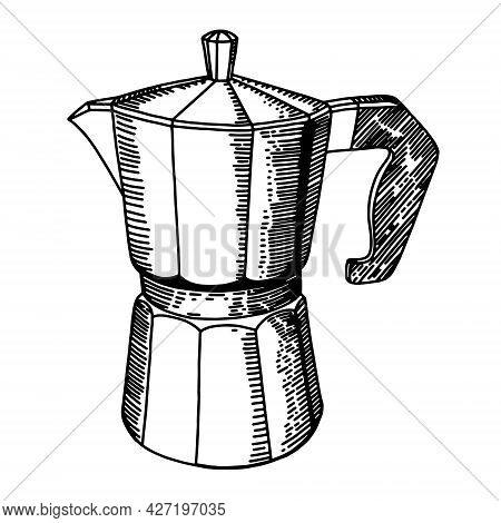 Moka Pot Coffee Maker Vector Sketch Hand Drawn, Black And White, Isolated On A White Background