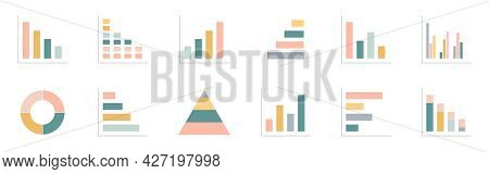 Graph Chart Color Icons Set. Annual Report Presentation. Business Data Statistic. Financial Bar Sign
