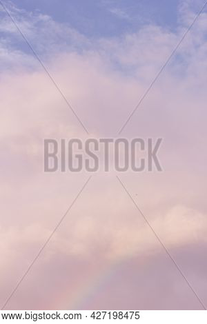 Rainbow Arc In Pink Clouds ,celestial Phenomenon ,colorful Beautiful Crosses The Sky , Morning After