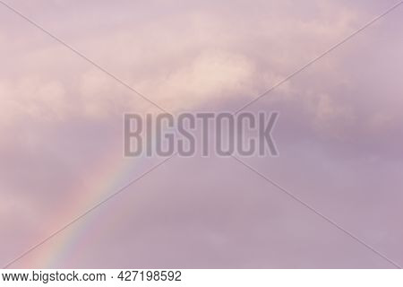 Rainbow Arc In Pink Clouds ,celestial Phenomenon ,colorful Beautiful Crosses The Sky , Morning After