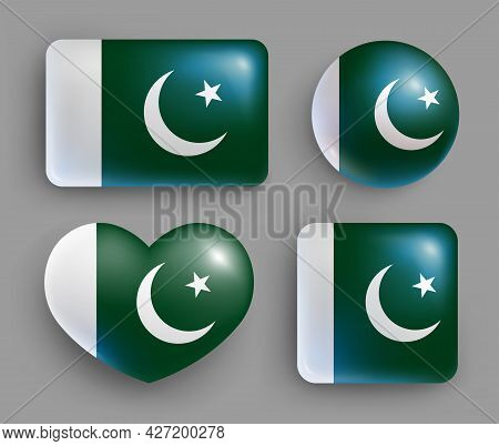 Set Of Glossy Buttons With Pakistan Country Flag. South Asia Country National Flag, Shiny Geometric 