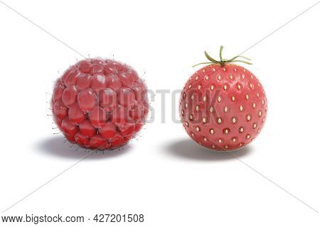 Blank Raspberry And Strawberry Ball Mockup, Isolated, 3d Rendering. Empty Red Summer Circular Berry 