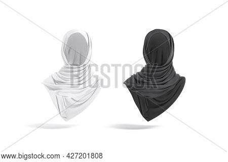 Blank Black And White Woman Muslim Hijab Mockup, Front View, 3d Rendering. Empty Arabic Or Islamic F