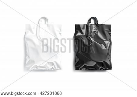 Blank Black And White Full Loop Handle Plastic Bag Mockup, 3d Endering. Empty Crumpled Poly Parcel M
