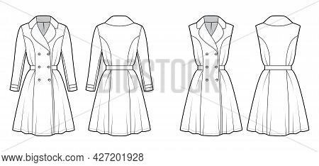 Set Of Dresses Coat Trench Technical Fashion Illustration With Double Breasted, Long Sleeve, Fitted 