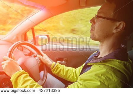 Man Drive Car. Mountain Road View. Responsible Travel Vacation. Staycation Concept. Roadtrip Weekend