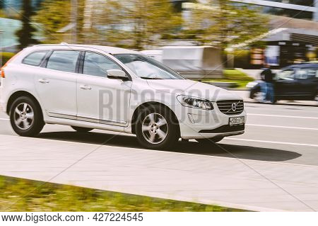 Moscow, Russia - May, 2021: Volvo Xc60 Second Generation In The City Street. Side View Of White Suv 