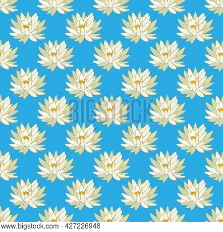 Seamless Pattern With Yellow Or Mexican Waterlily Nymphaea Mexicana , Aquatic Plant Flowers On Blue 