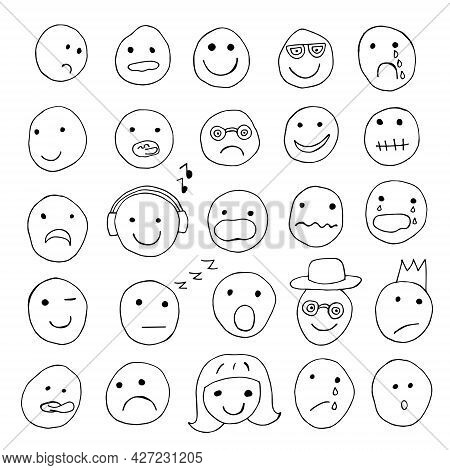 Set Of Vector Faces With Different Emotions Isolated On A White Background. Flat Cartoon Style Suita