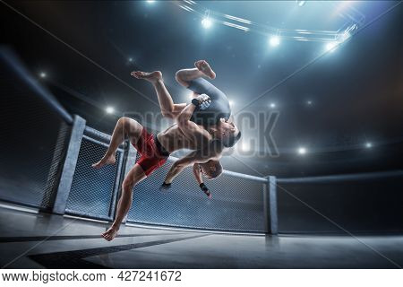 Mma Fighting. Side Slam. Two Fighters Are Fighting In The Octagon. Sport Concept.. 3d