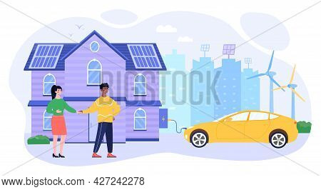 Electric Car Parking Concept. The Man Parked The Car Next To The Power Source. Charging An Electric 