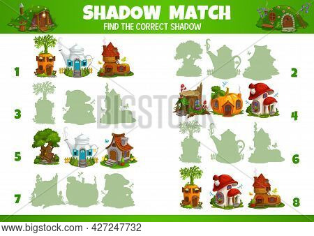 Kids Game Of Vector Fairytale Houses And Dwellings Shadow Matching. Education Game, Memory Puzzle, L