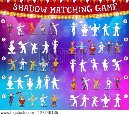 Circus Clowns Shadow Matching Vector Game Or Puzzle. Kids Education Memory Game, Riddle, Maze Or Att