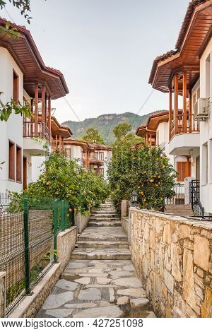 Architecture of the Akyaka slow city in Turkey. Beautiful traditional turkish houses in Akyaka town, Mugla province, Turkey