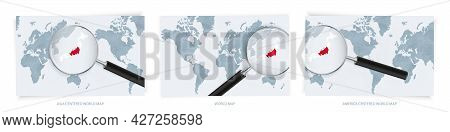 Blue Abstract World Maps With Magnifying Glass On Map Of Japan With The National Flag Of Japan. Thre