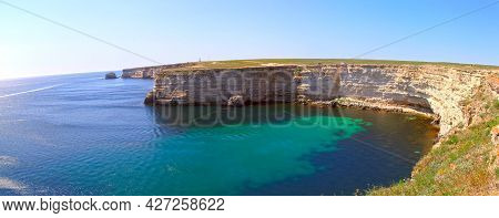 Tarhankut Cape, Crimea Peninsula. Summer Seascape, Famous Travel Destination. Beautiful Sea Coast Wi