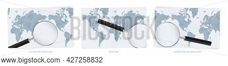 Blue Abstract World Maps With Magnifying Glass On Map Of Kiribati With The National Flag Of Kiribati