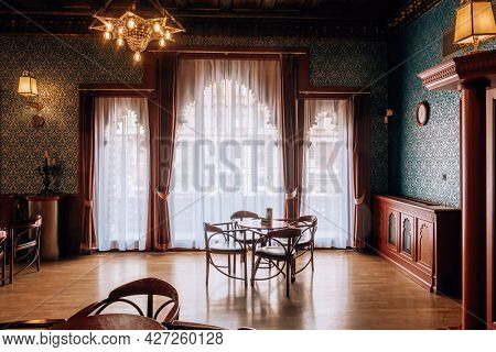 Budapest, Hungary - August 25, 2019: Interior of Bar Urania in Urania National Film Theatre built in 1890 in Budapest.