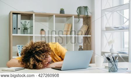 Workaholic Depression. Overhours Struggle. Energy Loss. Entrepreneur Stress. Exhausted Overweight Wo