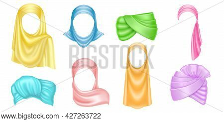 Colored Turbans And Hijabs, Indian And Arab Headdress For Woman. Vector Realistic Set Of Winding Hea