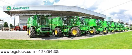 Kyiv, Ukraine - June 16, 2020: Modern John Deere Combines At Road At Kyiv, Ukraine