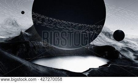 Beautiful mountain lake nature background with dark planet galaxy remix