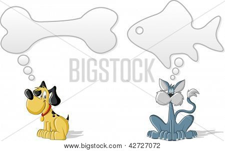 Hund und Katze denken über das Essen mit dachte Blase / Sprechblase.