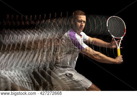 Young Man, Professional Tennis Player In Motion And Action Isolated On Dark Background. Stroboscope 