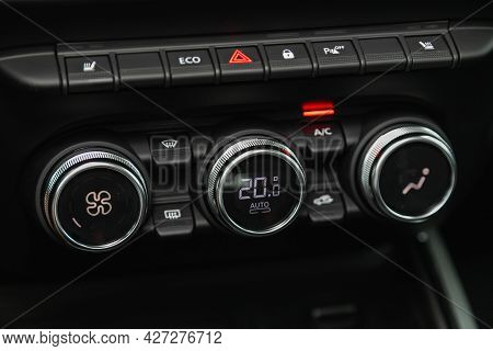 Novosibirsk, Russia - July 07, 2021:   Renault Arkana, Close Up Instrument Automobile Panel With  Cl