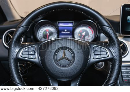Novosibirsk, Russia - July 07, 2021:   Mercedes-benz Gla-class, Modern Car Interior View With Dashbo