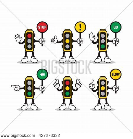 Vector Set Of Trafic Light Characters With Different Poses Design, Traffic Light Cartoon Template