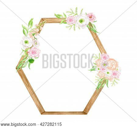 Watercolor Wooden Hexagon Floral Arch. Hand Drawn Wedding Arch With Flowers Isolated On White. Geome