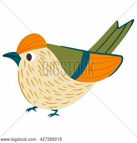 Bird Vector Illustration In Cartoon Style. Garden Goldcrest Bird. Flying Little Cute Birdie On White