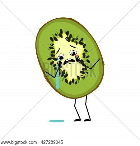 Cute Kiwi Character With Crying And Tears Emotions, Face, Arms And Legs. The Depressive Or Sad Green