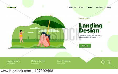 Depressed Woman On Sea Beach. Sad Girl Sitting On Sand Under Umbrella Flat Vector Illustration. Majo