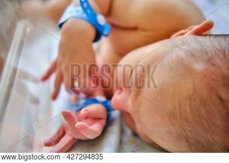 A Newborn Baby With A Maternity Hospital Bracelet On His Arm Is Sleeping In A Crib. A Newly Born Chi