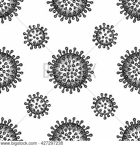 Seamless Pattern With Black And White Coronavirus Bacteria Cell Stock Illustration