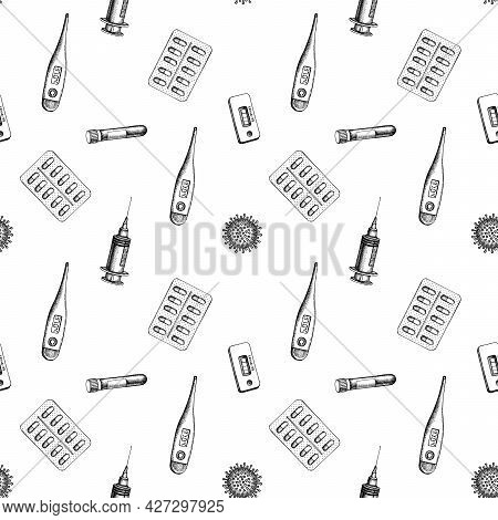 Seamless Pattern With Black And White Vial Of Blood, Pills And Medicines, Medical Thermometer, Coron
