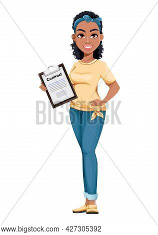 Happy Young African American Business Woman Holding Clipboard. Cute Businesswoman Cartoon Character.