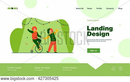 Happy Clowns Standing On Circus Arena Flat Vector Illustration. Cartoon Joker Characters Performing 