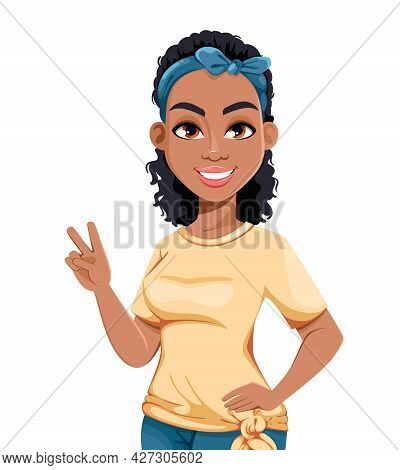 Modern Happy Young African American Woman. Cute Lady Cartoon Character. Stock Vector Illustration