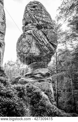 Sandstone Mushroom Rock Formation. Klokocske Rocks In Bohemian Paradise, Czech Republic. Black And W
