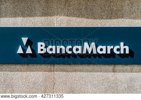 Madrid, Spain – May 12, 2021: Banca March Logo On A Bank Branch Office In Madrid, Spain. Banca March